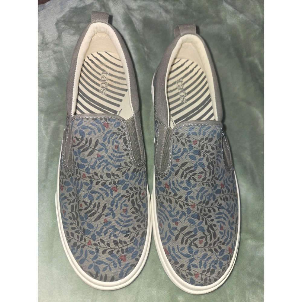 Taos Footwear Gray Slip-On Sneakers with Blue Leaf Print